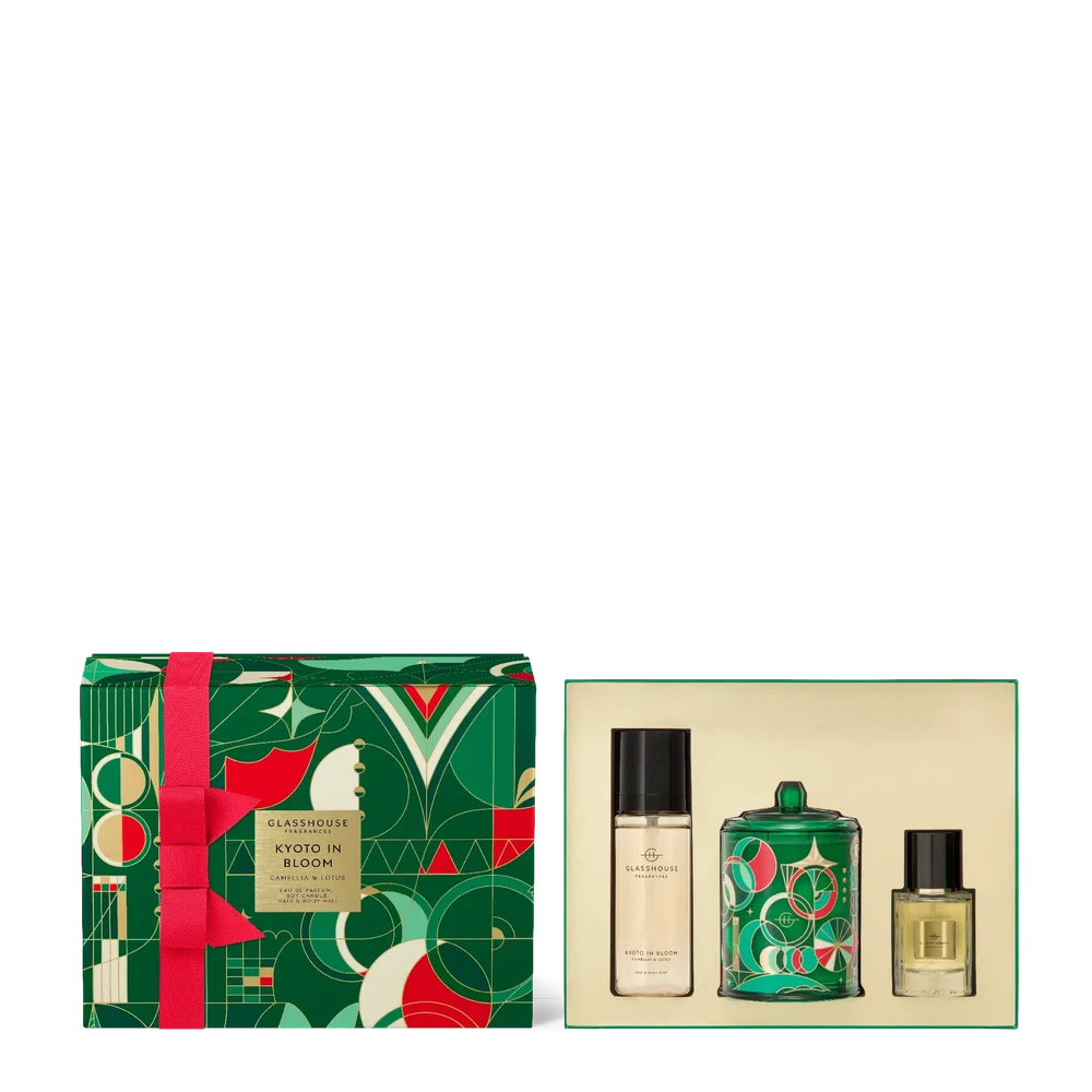 Christmas Limited Edition Kyoto In Bloom Hair & Body Mist, Candle & Parfum Gift Set by Glasshouse Fragrances