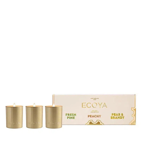 Ecoya Mini Goldie Candle Trio Set 80g Each in Fresh Pine, Peachy, Pear & Brandy Limited Edition Christmas 2024-Candles2go