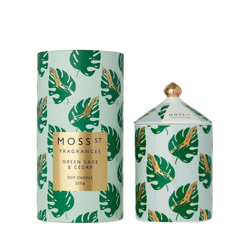 Green Sage and Cedar 320g Ceramic Candle by Moss St Fragrances-Candles2go